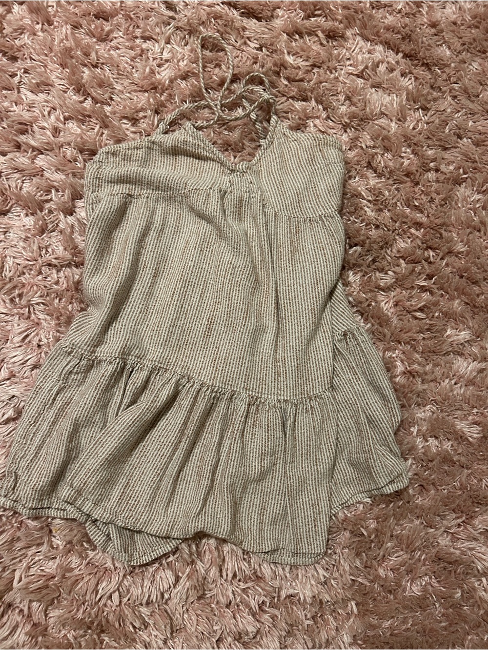 aerie Beige Striped Ruffle-Hem Sundress